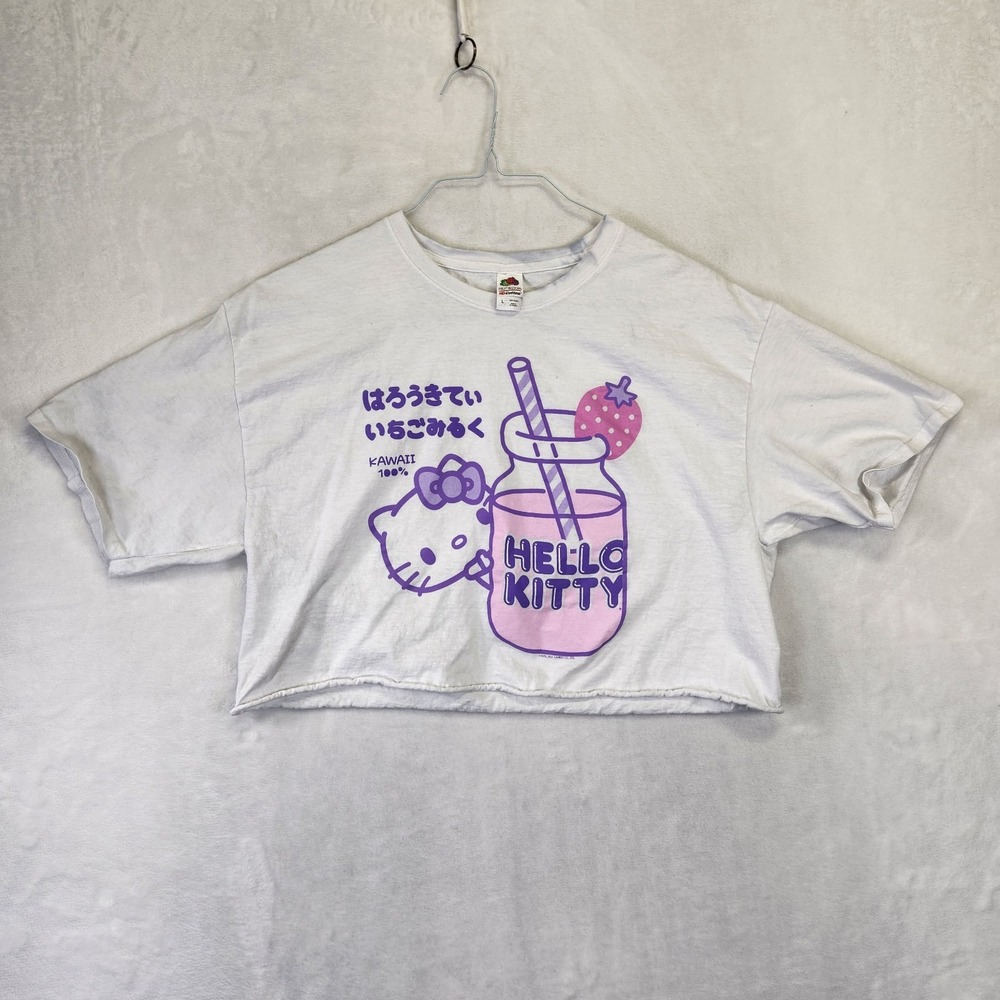 Hello Kitty Kawaii Strawberry Milk Crop Top White Pink Graphic Tee L - Picture 1 of 7